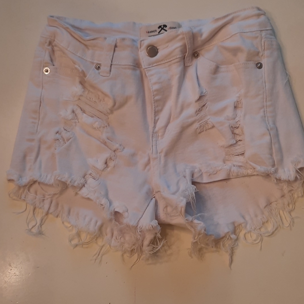 Hammer Jeans White Heavily Distressed Frayed Hem Denim Jean Shorts Medium